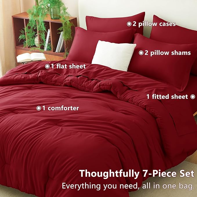 CozyLux Full Size Comforter Sets Dark Red, 7 Pieces Bed in a Bag Full Comforter Set with Sheets, Luxury Bedding Set with Down Alternative Comforter, Fitted Sheet, Flat Sheet, Pillowcases & Shams