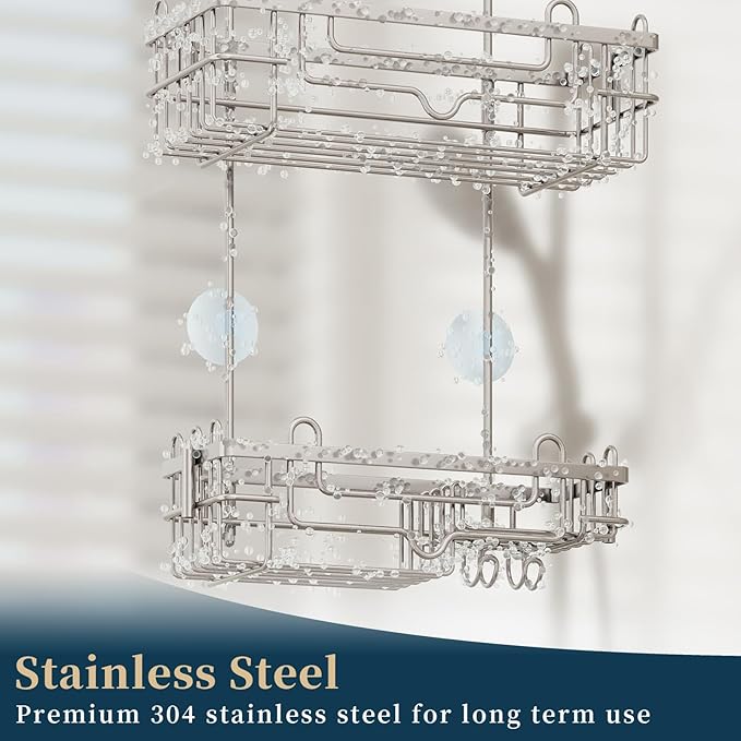 Consumest Over the Door Shower Caddy - 2-Tier Hanging Shower Organizer with Soap Holder, Rustproof Bathroom Storage and Organizer Rack for Shampoo, Towels, and Toiletries, Sand Nickel - Image 4