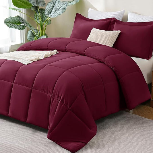 CozyLux Full Size Comforter Sets - Burgundy Comforter Full Size, 3 Pieces Box Stitched Bed Set for All Seasons, Soft Lightweight Bedding Sets with 1 Down Alternative Comforter and 2 Pillow Shams