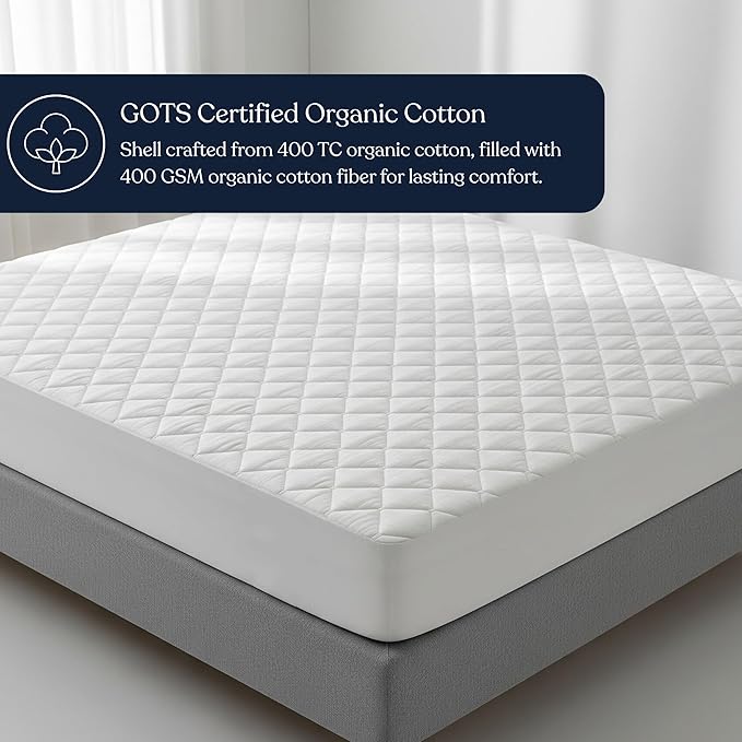 Delara 100% Organic Cotton Quilted Mattress Protector, GOTS Certified, Ultra-Soft Cooling & Breathable, 400 GSM Plush Padding, Deep Pocket 18 Inches, Machine Washable (Twin 39"x75")