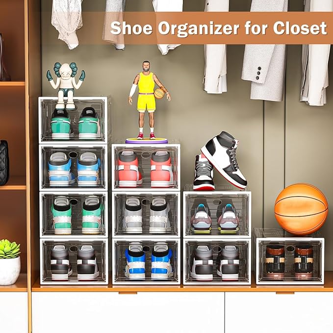 caktraie 10 Pack Thicken Shoe Organizer Stackable,Upgraded Sturdy Shoe Storage Box with Magnetic Door,Shoe Containers For Sneaker Display,Hat Organizer,White - Image 7
