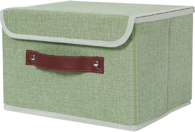 ANMINY Storage Bin with Lid Storage Boxes with PU Leather Handles PP Plastic Board Decorative Foldable Lidded Cotton Linen Fabric Home Cubes Baskets Closet Organizer Container - Green, Medium by ANMINY