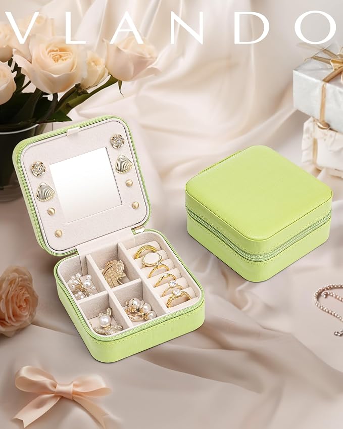 VLANDO Small Travel Jewelry Box Organizer - Girls Women Gift Rings Earrings Necklaces Jewelry Storage Display Case with Mirror Green - Image 7