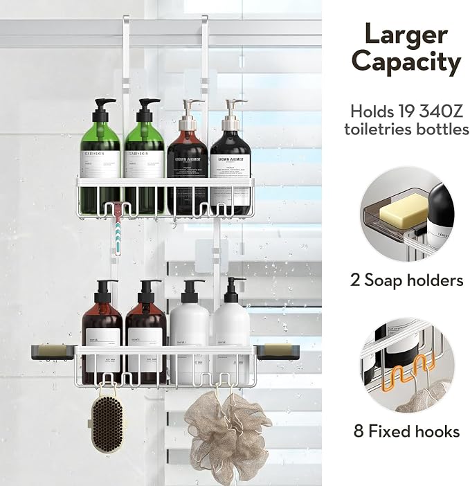 Over the Door Shower Caddy Hanging With Double Soap Holder Never Rust Aluminum Shower Shelf With 4 Hooks Hanging Bathroom Organizer No Drilling Shelves for Bathroom Storage Silver - Image 3