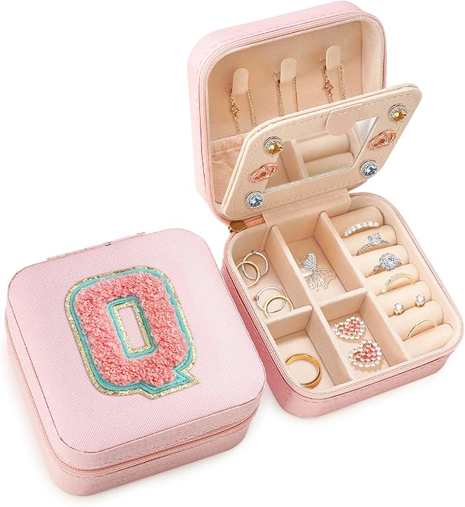 SANDJEST Personalized Jewelry Box, Pink Travel Jewelry Box with Initial Q, Small Monogrammed Jewelry Case Organizer for Girls Women Teen Kids, Mini Travel Essentials Gifts for Birthday Christmas by SANDJEST