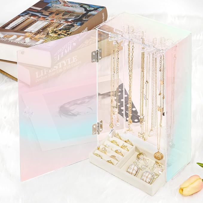 Cirhy Iridescent Acrylic Necklace Holder, Necklace Organizer with 24 Rotatable Hooks, Rainbow Jewelry Organizer Display Box with Velvet Tray for Long Necklaces Pendant Bracelets Rings Earrings - Image 2