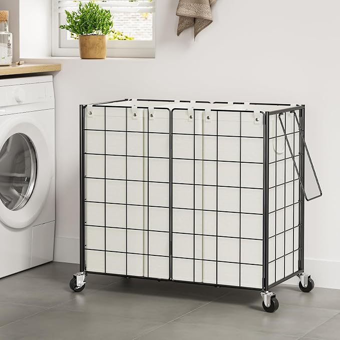 WOWLIVE Laundry Hamper with Wheels,Metal Wire Frame Rolling Laundry Basket 3 Section with Removable bags,150L Dirty Clothes Hamper Organizer Dorm Room Storage for Bedroom,Bathroom,Black and White - Image 3