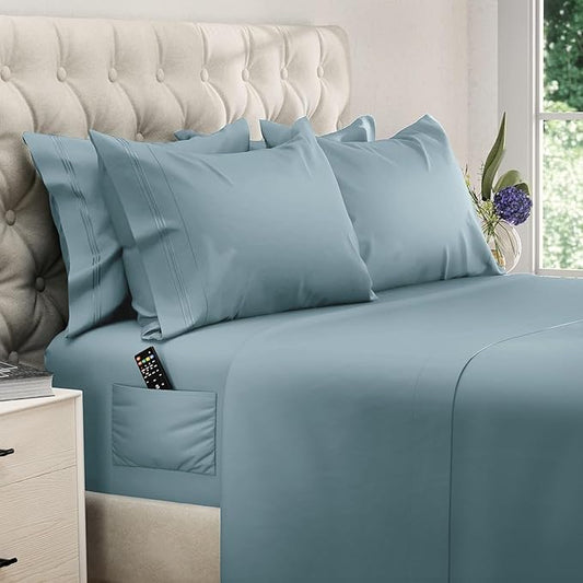 DREAMCARE King Size Sheets Set - 6 pcs Breathable Cooling Bed Sheets - up to 21" Extra Deep Pocket King Sheet Set with Side Pockets - Extra Soft 100% Brushed Hypoallergenic Hotel Luxury Bedding M-Blue