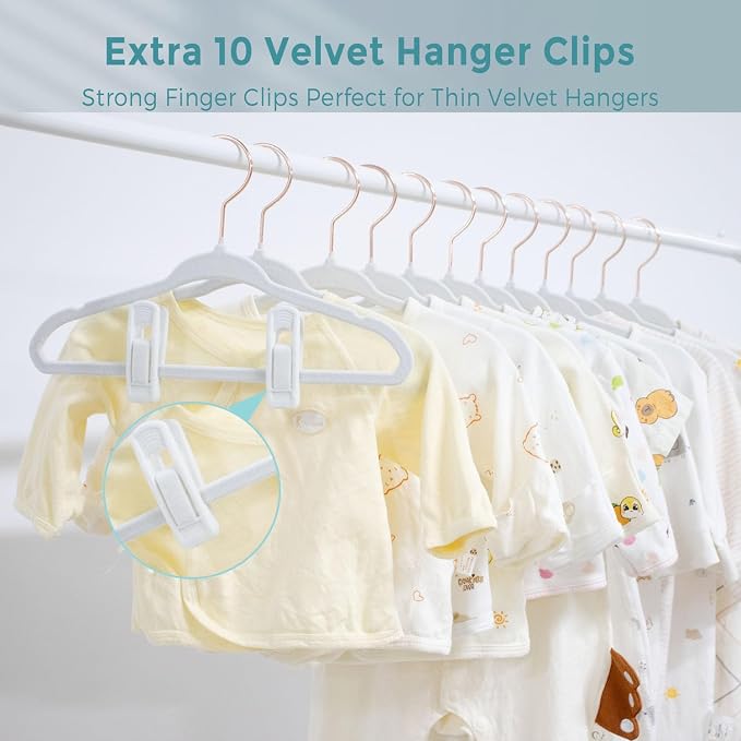 Tonswachic Baby Hangers Velvet - 11 Inch Baby Felt Hangers Non Slip for Toddler - Kids Hanger for Infant Clothes - 30 Pack with 10 Hanger Finger Clips, White - Image 6