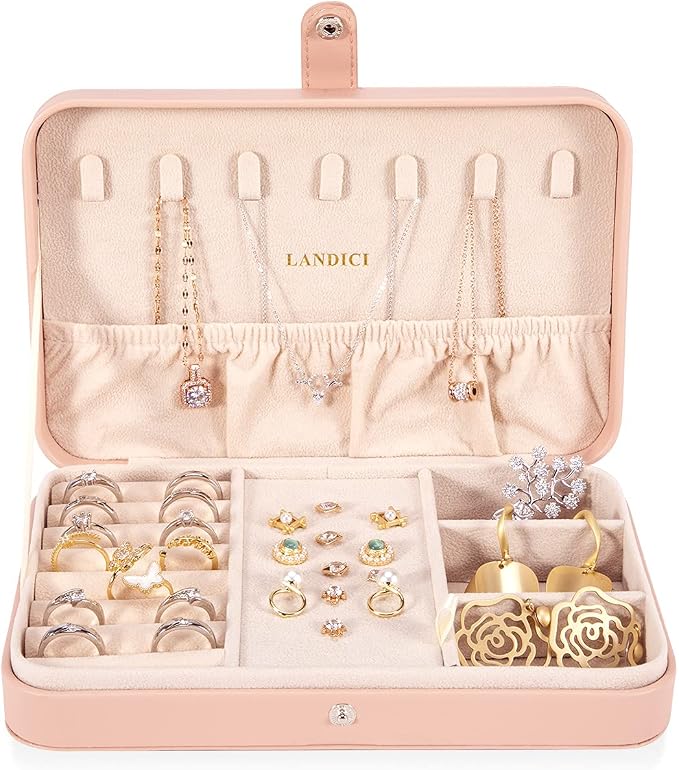 LANDICI Small Jewelry Box for Women Girls, PU Leather Travel Jewelry Case, Portable Jewelry Organizer Storage Holder Display for Ring Earrings Necklace Bracelet Bangle Men Kids Gift, Pink - Image 2
