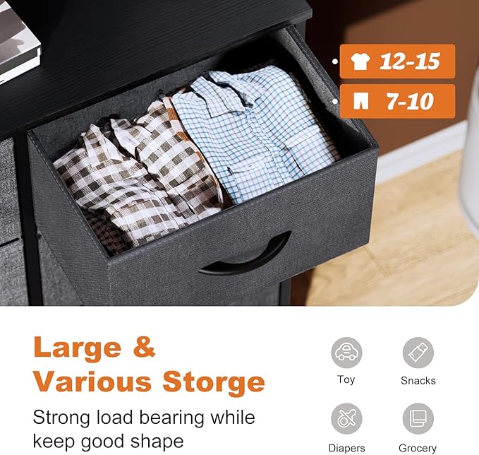 Sweetcrispy Dresser for Bedroom with 6 Storage Drawers, Fabric Storage Tower Organizer, Chest of Drawers with Metal Frame Wooden Top for Closet, Living Room, Entryway, Grey