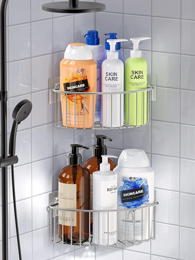 SMARTAKE 2-Pack Corner Shower Caddy Deep Basket Design, SUS304 Stainless Steel, Wall Mounted Bathroom Shelf with Adhesive, Storage Organizer for Toilet, Dorm and Kitchen (Silver) - Image 6