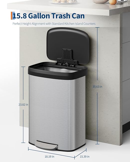 Garvee 16 gal / 60 L Stainless Steel Trash Can with Lid, Large Garbage Can for Kitchen, Rustproof Step-on Kitchen Metal Trash Bin with Liner Rim, Rear Handle, Soft Close Plastic Lid, Silver - Image 6