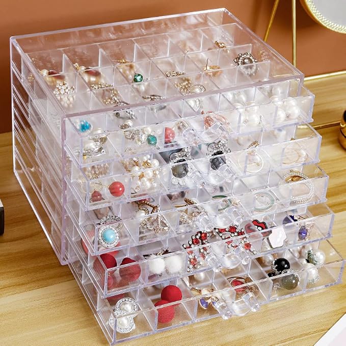 QIYUSHRY Earring Storage Box Acrylic Jewelry Storage Holder Ring Clear Plastic Transparent Jewelry Display Stand with 5 Drawers 120 Small Compartment Tray for Women Girls by QIYUSHRY