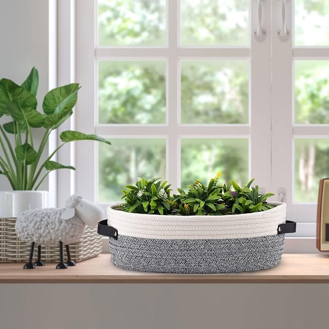 Small Cotton Rope Woven Basket Toilet Paper Baskets for Organizing Decorative Basket for Boho Decor Small Storage Basket 13"x5.9"x4" Variegated Gray&White - Image 6