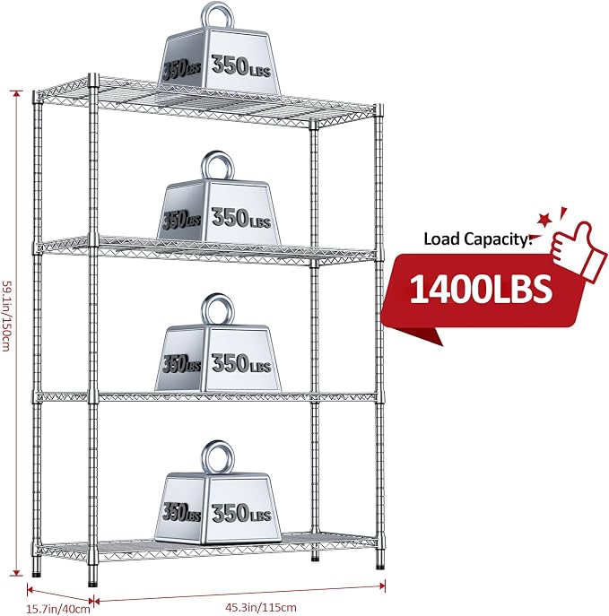 IZEUK 4-Tier Adjustable Heavy Duty Metal Wire Shelving Unit, Wide Storage Rack Organizer for Garage, Kitchen, Office, Dorm, Warehouse (Silver, 15.8" D x 45.8" W x 59.4" H, 1400 lbs Capacity) - Image 3