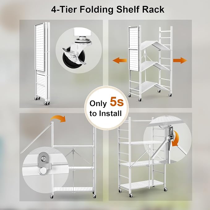 Himix Storage Shelves with 20 Hooks, 4-Tier Foldable Shelves for Storage, Folding Shelf Unit Pantry Shelves with Wheels, Metal Shelving Storage Rack Shelf for Kitchen Garage Home, White - No Assembly - Image 4