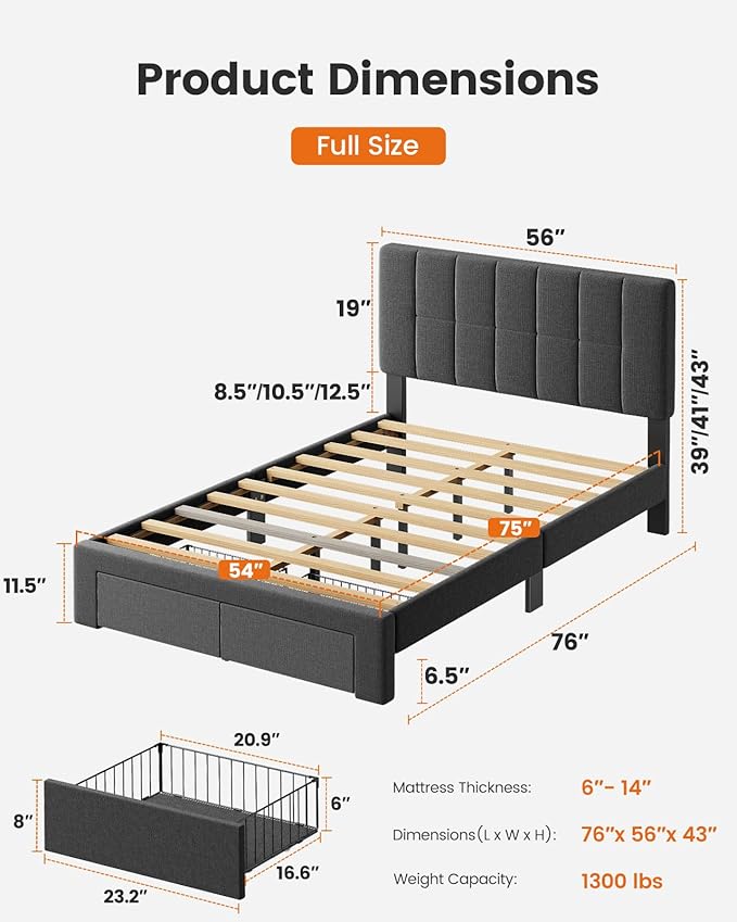 Pipishell Full Bed Frame with 2 Storage Drawers, 12 Sturdy Legs, Solid Wooden Bed Base with Upholstered Headboard for 6″ to 14″ Mattresses, 1300 lbs High Weight Capacity, Easy Assembly, Dark Gray