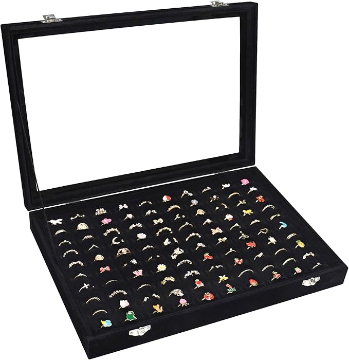 Vicoter Rings Organizer Tray 100 Slot Velvet Ring Earring Storage Box TranSparent Cover Jewelry Store Ring Display Box Jewelry Display Cabinet for Girl Wife Mother by Vicoter