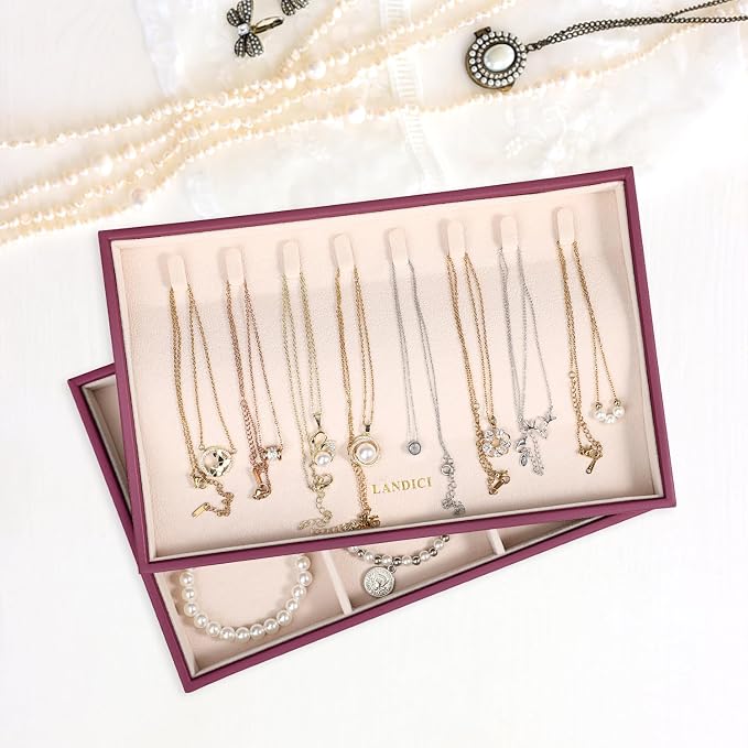 LANDICI Stackable Jewelry Organizer Trays 4 Set,PU Leather Jewelry Organizer Drawer,Jewelry Storage Display Tray for Earring Necklace Rings Bracelet with Removable Dividers,Purple - Image 6