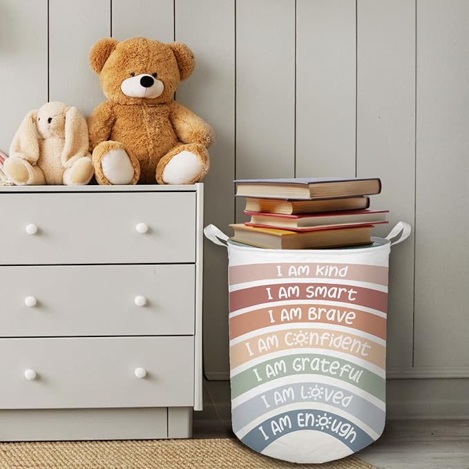 Boho Rainbow Laundry Basket, Positive Affirmations Inspirational Waterproof Collapsible Laundry Hamper Dirty Clothes Storage Toy Bin Organizer for Kids Room College Dorm Bedroom Bathroom - Image 4