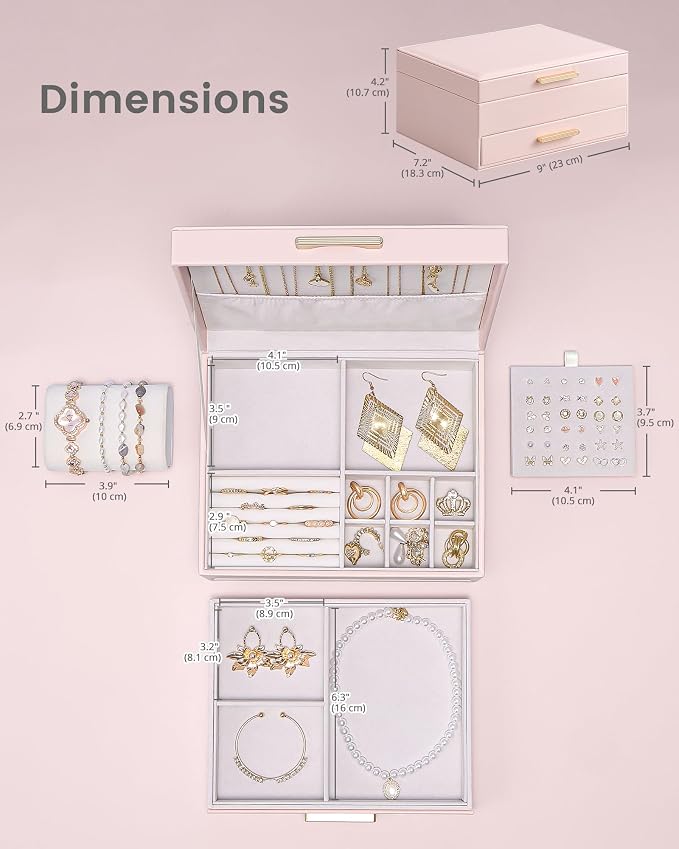 Lolalet 2-Layer Jewelry Box Organizer for Women Girls, Jewelry Storage Case Holder with Drawers for Necklaces Ring Earrings Bracelet Watch, Gifts Choice for Mom Mother’s Day -Pink - Image 6