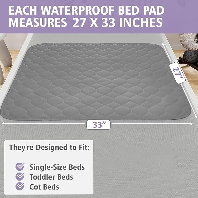Lynmark® 2X Toddler Potty Training Bed Pads - Soft Waterproof Bedwetting Pee Protector Mat for Kids - Multi-Layer Non-Slip Washable Incontinence Mattress Sheet Absorbs Up to 2000ml - 33" x 27", Grey