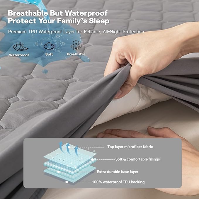 Twin Mattress Protector Waterproof, 18” Deep Pocket Fitted Mattress Topper+2pcs Pillow Cases - Leakproof, Oeko-TEX Certified, Breathable & Noiseless,Machine Washable (Dark Grey)
