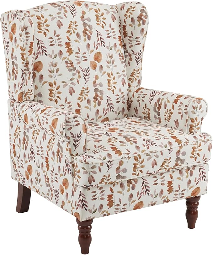 MELLCOM Floral Accent Chair, High Back Upholstered Armchair with Solid Legs, Leisure Single Sofa Chair for Living Room, Bedroom, Home Office, Orange Leaves