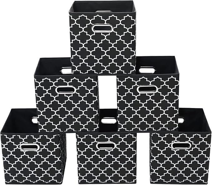 Fabric storage bins Cubes, Fabric Cube Organizer with Handle, Foldable Cube Bins for Cloth or Accessary Storage, 11x11x11 set of 6,Black Light by Yunkeeper
