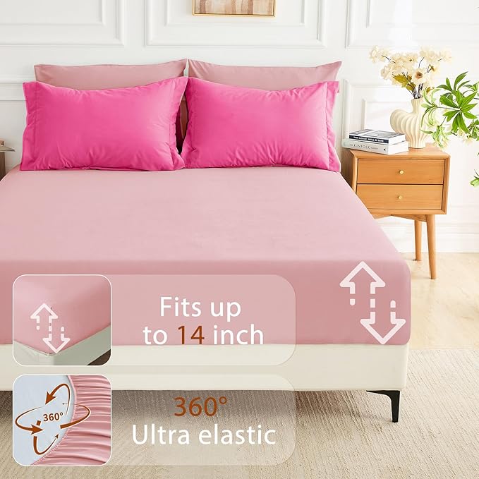 MUXHOMO 7 Pieces King Comforter Set, Soft Bed in a Bag King Size, All Season Bedding Set with Comforter, Flat Sheet, Fitted Sheet, Pillowcases & Shams, Hot Pink & Baby Pink