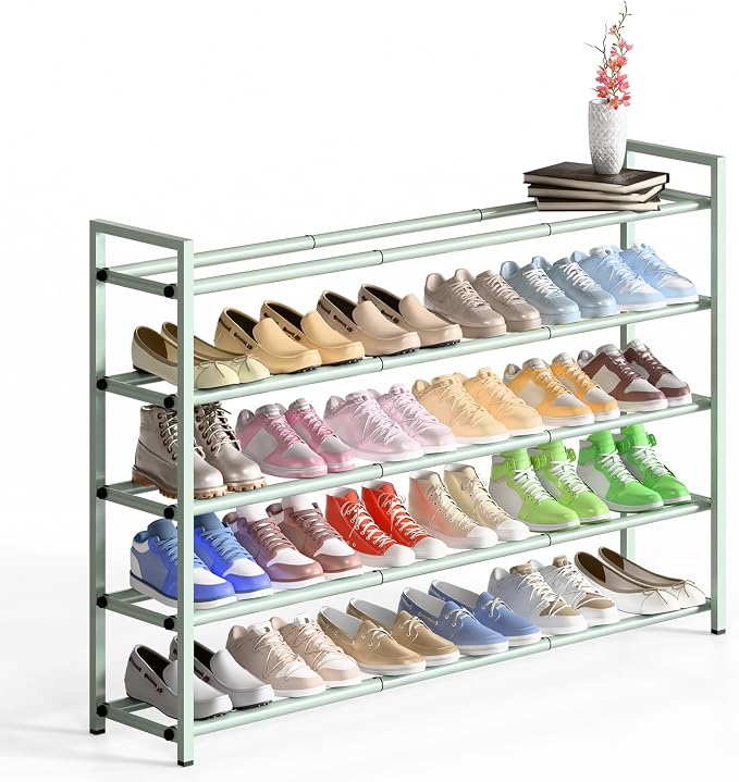 Bumusty 5-Tier Long Expandable Shoe Rack for Closet, 18"-44" Adjustable Shoe Rack for Entryway, 25-30 Pairs Large Shoe Organizer Shelf Storage, Sturdy Metal, Green by BUMUSTY
