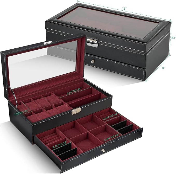 TomCare Watch Box 2-Tier Watch Case Jewelry Organizer Box with Thick Glass Lid Lockable Watch Organizer Jewelry Display Holder Sunglass Rings Necklaces Bracelets Storage Organizer for Men Women - Image 2