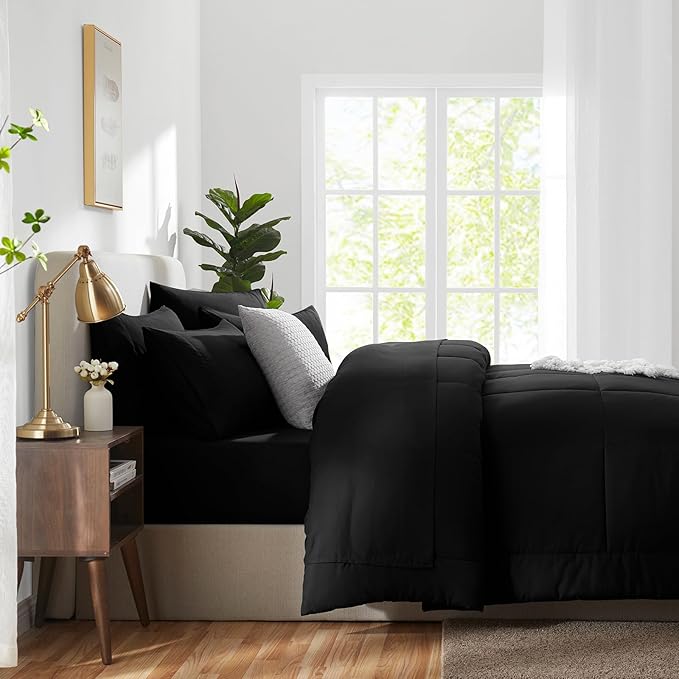 CozyLux Oversized Queen Comforter Sets Black, 7 Pieces Bed in a Bag, Ultra-Soft All Season Bedding Sets with Stitch Quilted Comforter, Flat Sheet, Fitted Sheet, Pillowcases