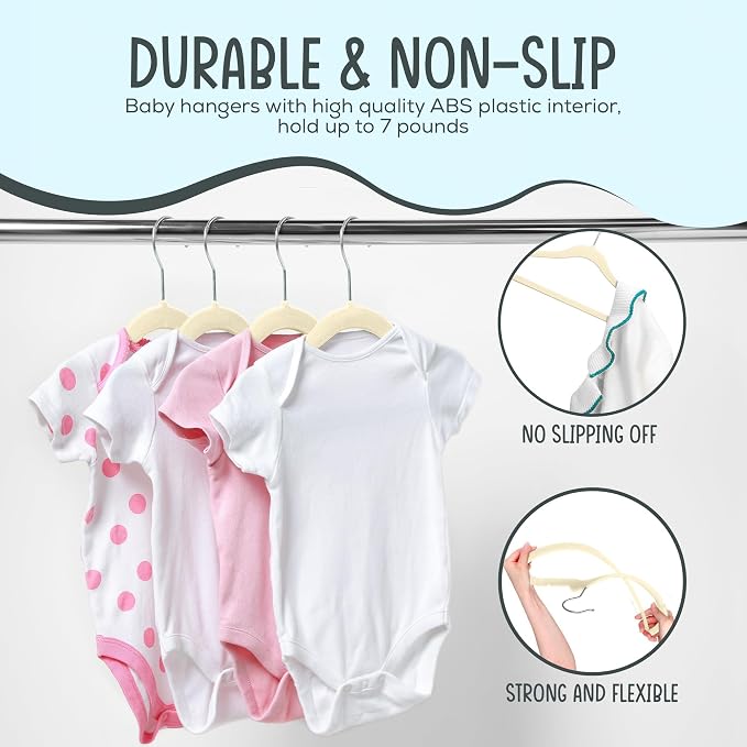 TechZoo 25 Premium Baby Velvet Hangers - 11.8 Inches Non-Slip & Ultra-Slim Baby Hangers for Space-Saving & Children Clothes - 360 Swivel Hook, Strong & Durable Infant & Toddler Clothes Hanger - Beige - Image 5