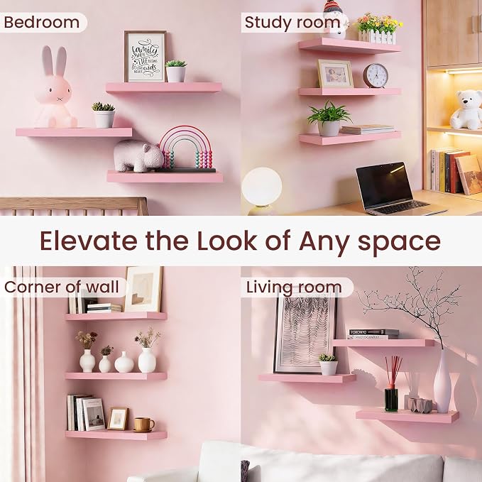 BAYKA Pink Floating Shelves for Wall Set of 3, 15.7in Wood Wall Shelves for Bathroom, Bedroom, Living Room Decor Organize, Hanging Shelf for Books/Storage/Display with 22lbs Capacity - Image 7