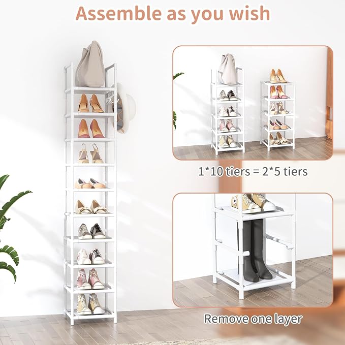 LANTEFUL Tall Narrow Shoe Rack 10-Tier Skinny Shoe Shelf Storage for 10-15 Pairs Shoes and Boots, Space Saving Corner Shoe Rack Organizer for Closet, Entryway, Garage, Living Room,White - Image 5