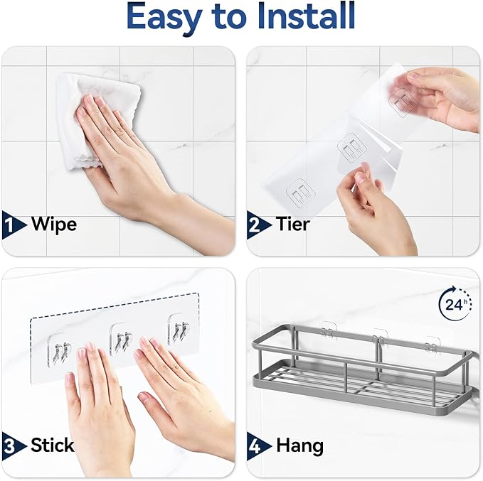 YASONIC Shower Caddy Adhesive, No Drill Bathroom Shower Organizers, with Removable Hooks and Soap Holder, Rust Proof Shower Shelves, Wall-Mounted Shower Holder, 3 Pack, Grey - Image 8