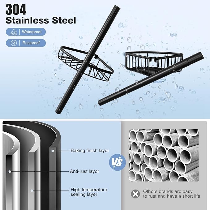 Corner Shower Caddy Tension Pole: Stainless Steel Rustproof 4-Tier Shower Organizer - 47-121 inch Adjustable Bathroom Shelves for Bathtub Shampoo Storage - Tension Rod Floor Standing Bath Rack - Black - Image 5