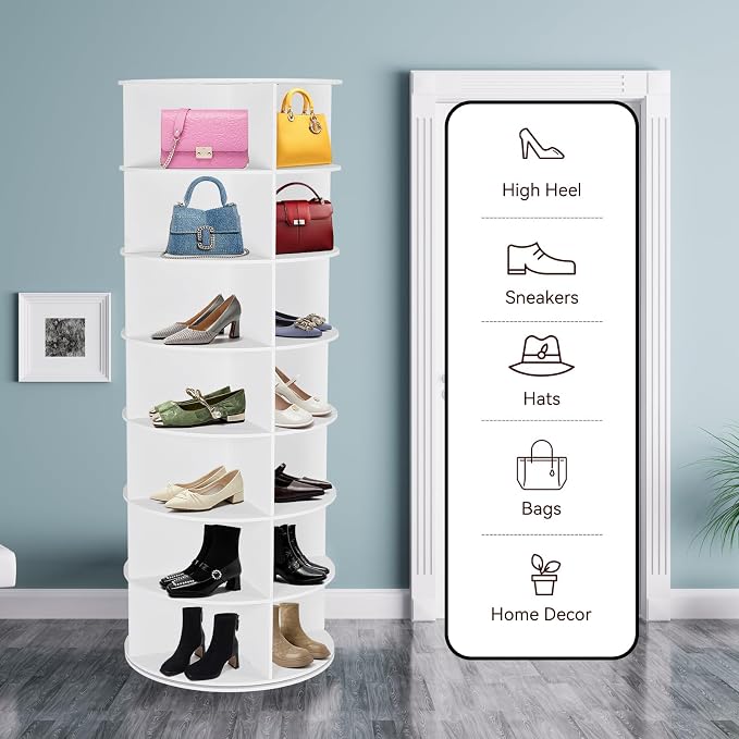 Rotating Shoe Rack Tower, 7 Tier 28 Pairs Large Shoe Storage Organizer, Space-Saving Free Standing Shoe Racks, 360° Revolving Round Shoe Rack for Closet Handbag Display, White - Image 2