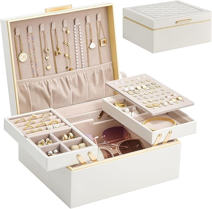 Lolalet Jewelry Box Organizer for Women Girls, 2 Layer Jewelry Organizers and Storage for Necklace Earrings Rings Bracelets, Large Jewellery Holder Case Birthday Mothers Day Gifts -Cream by Lolalet