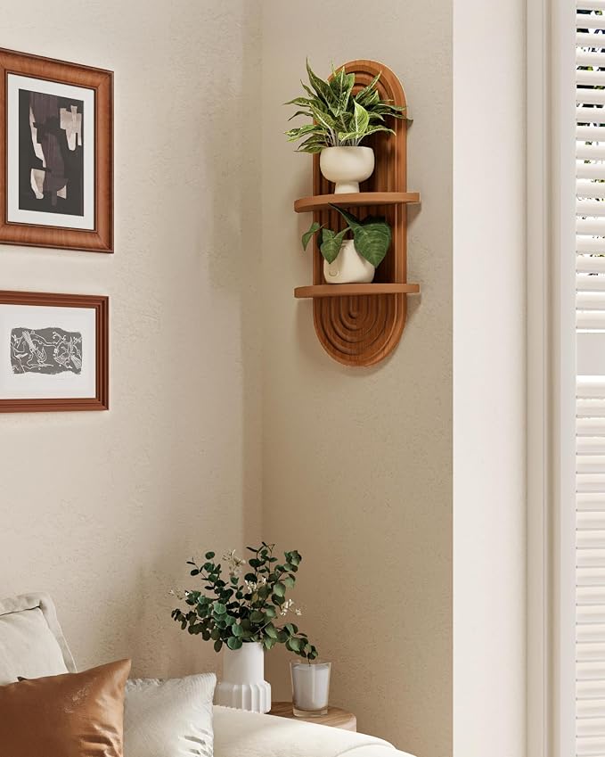 Bamworld Plant Wall Shelf Boho Wall Decor Brown Hanging Plant Shelf Mid Century Modern Decor 2-Tier Wooden Floating Shelves for Home, Bathroom Living Room Office Holding Planter Decoration, 1Pcs - Image 3