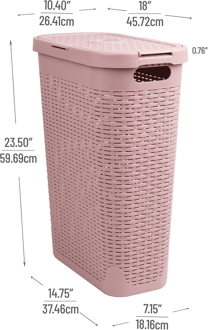 Mind Reader Slim Laundry Hamper with Lid, 40L Clothes Basket, Narrow Tapered Design with Ventilated Cutout Pattern, Plastic, Pink - Image 3