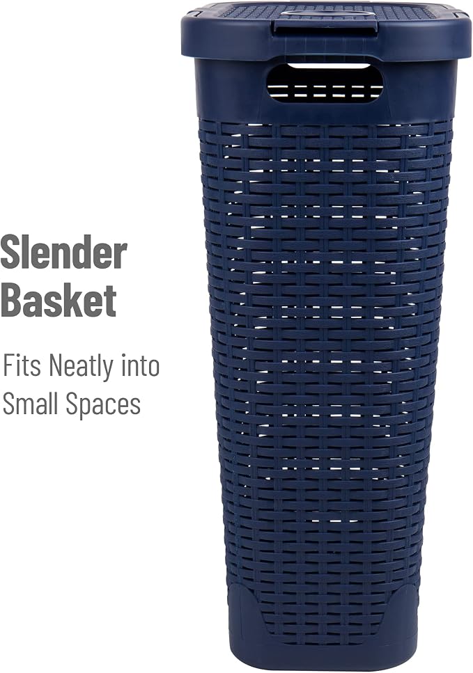 Mind Reader Slim Laundry Hamper with Lid, 40L Clothes Basket, Narrow Tapered Design with Ventilated Cutout Pattern, Plastic, Navy - Image 6