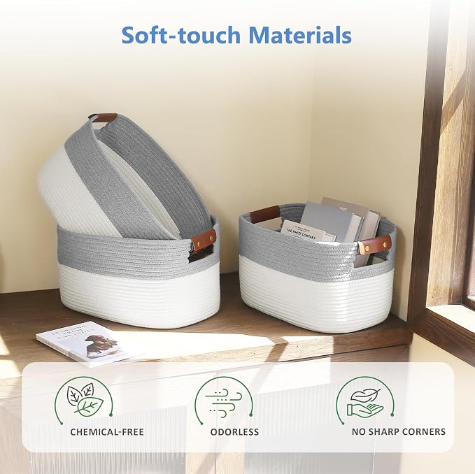 ECDYQXVU Cotton Rope Storage Baskets,15x10x9 in,Foldable Storage Bins, Decorative Woven Basket Cube Storage Organizer for Laundry, Towel, Clothes (White/Grey-3Pack, 15x10x9 inches) - Image 7