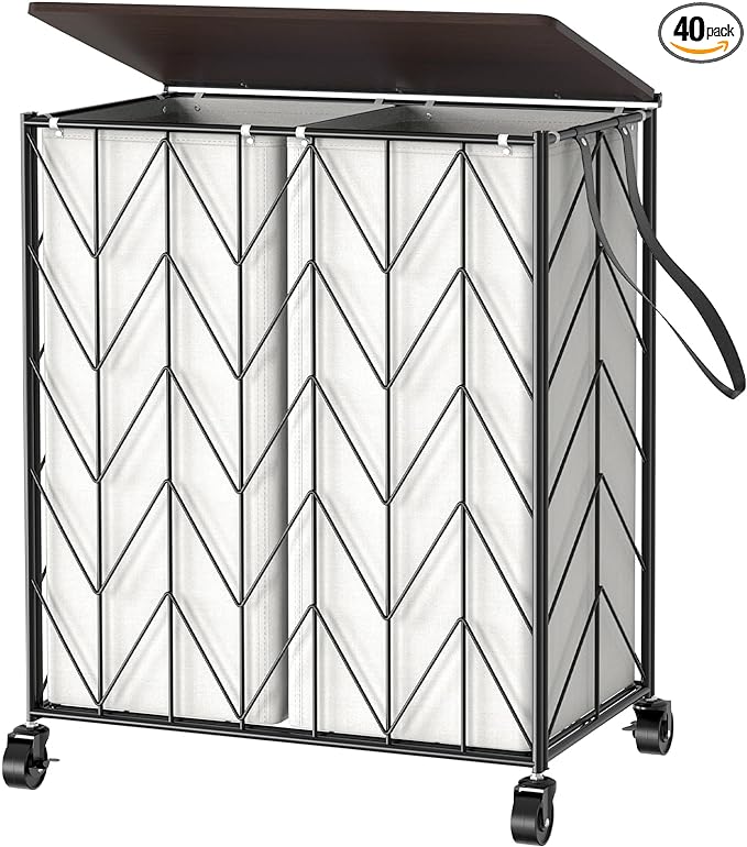 WOWLIVE Laundry Basket with Wheels, Heavy Duty Laundry Hamper with Wood Lid, Clothes Hamper with Divided Removable Liner Bag, Large Capacity Iron-Made Laundry Sorter Laundry Room Organization (Beige) by WOWLIVE