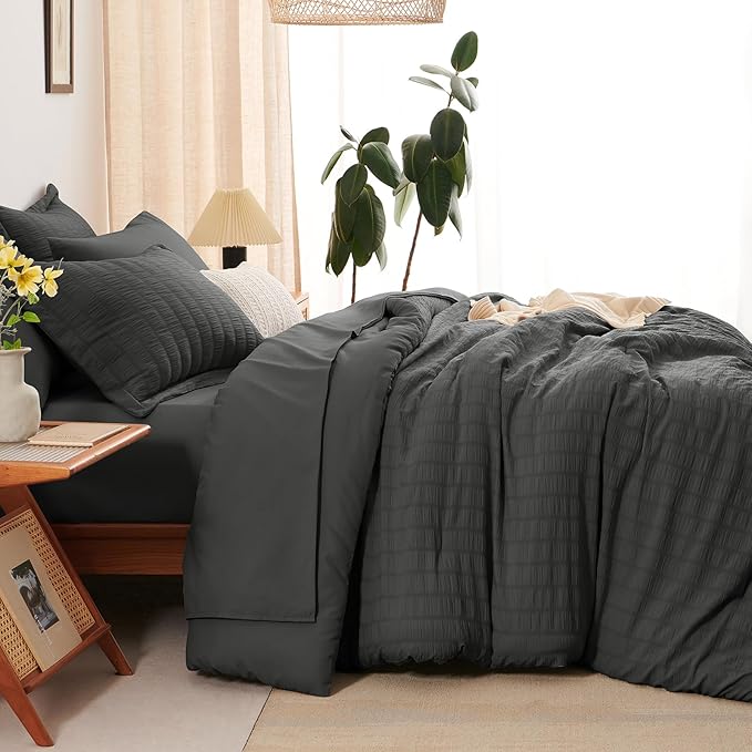 CozyLux Twin XL Comforter Set with Sheets Seersucker Dark Grey 5 Pieces Bed in a Bag, Dark Gray Twin Extra Long Bedding Sets for College Dorm with Down Alternative Comforter, Sheets, Pillowcase & Sham