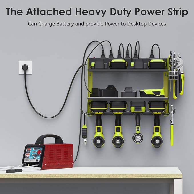 CCCEI Modular Power Tool Organizer Wall Mount with Charging Station. Garage Drill Storage Shelf with Hooks, Heavy Duty Rack, Tool Battery Holder Built in 8 Outlet. Gift for Men. Green, 1 Pack. - Image 3