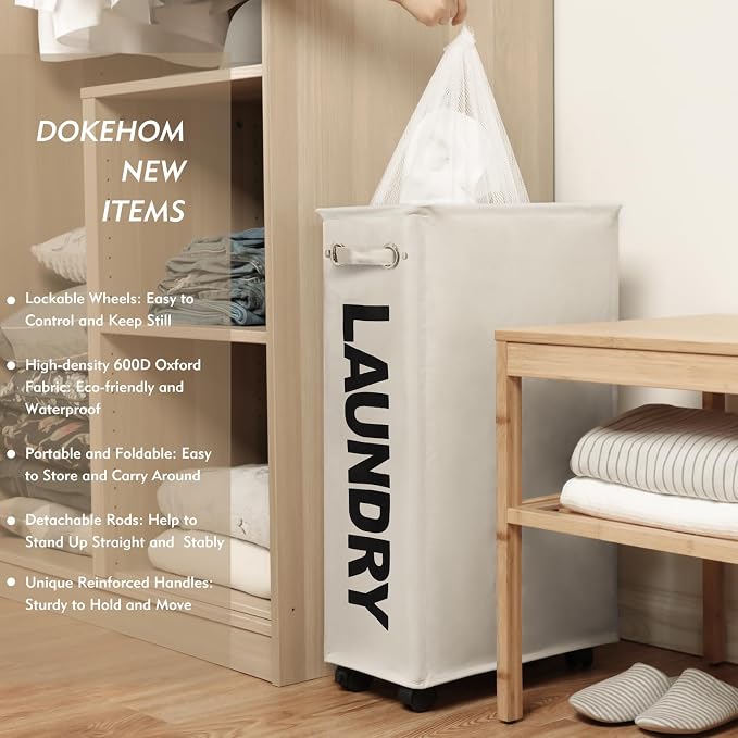 DOKEHOM 29-Inches Enlarged Slim Laundry Basket with Removable Wash Bag on Wheels, Collapsible Rolling Laundry Hamper, Foldable Narrow Corner Clothes Storage Bins (Beige) - Image 2