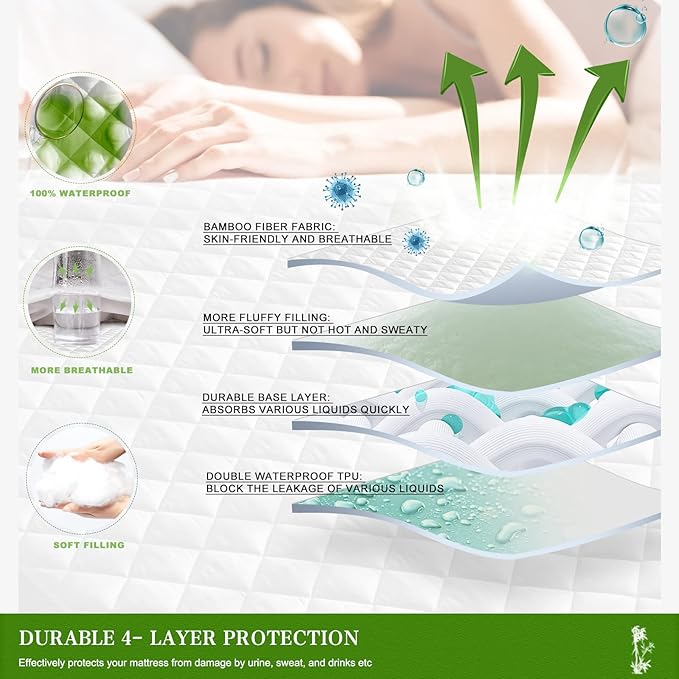 UNILIBRA King Mattress Pad Waterproof Rayon Made from Bamboo, Fitted Deep Pocket Mattress Cover fits 6''-25'', Breathable Quilted Mattress Protector, White